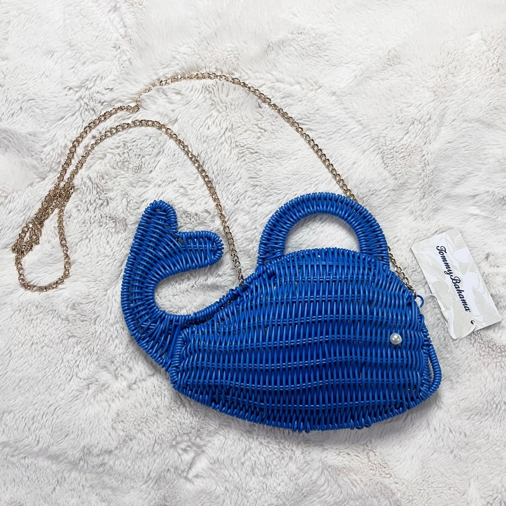 Tommy Bahama Navy Blue Whale Wicker Crossbody Bag Novelty Purse NWT